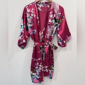 Kimono Satin Dark Rose Peacock Floral with Tie